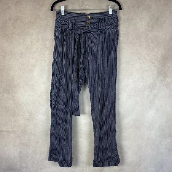 Free People Rumors Yarn Dye Stripe Paper Bag Pants Blue and White Striped - Picture 4 of 11